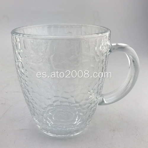 Taza de vidrio transparente con patrón de martillo con asa